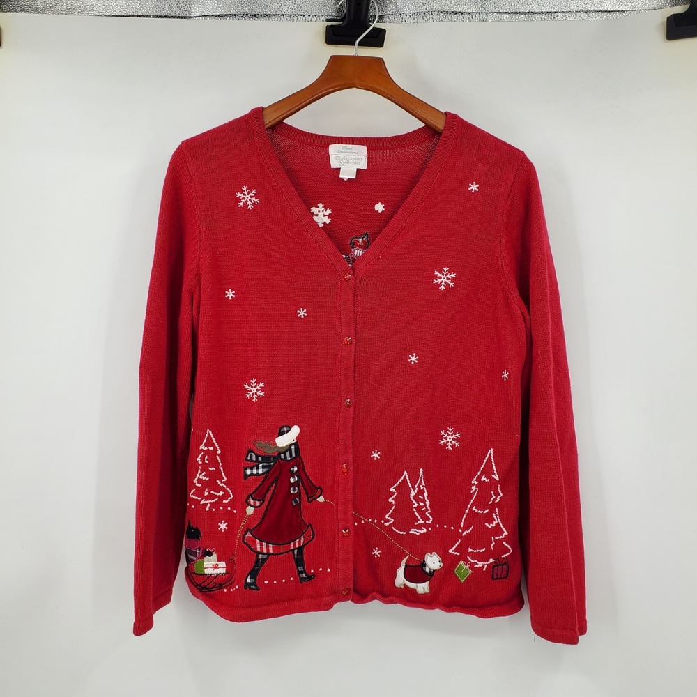 Christopher Banks Red Embroidered Christmas Dog Cardigan Sweater Scottie Westie